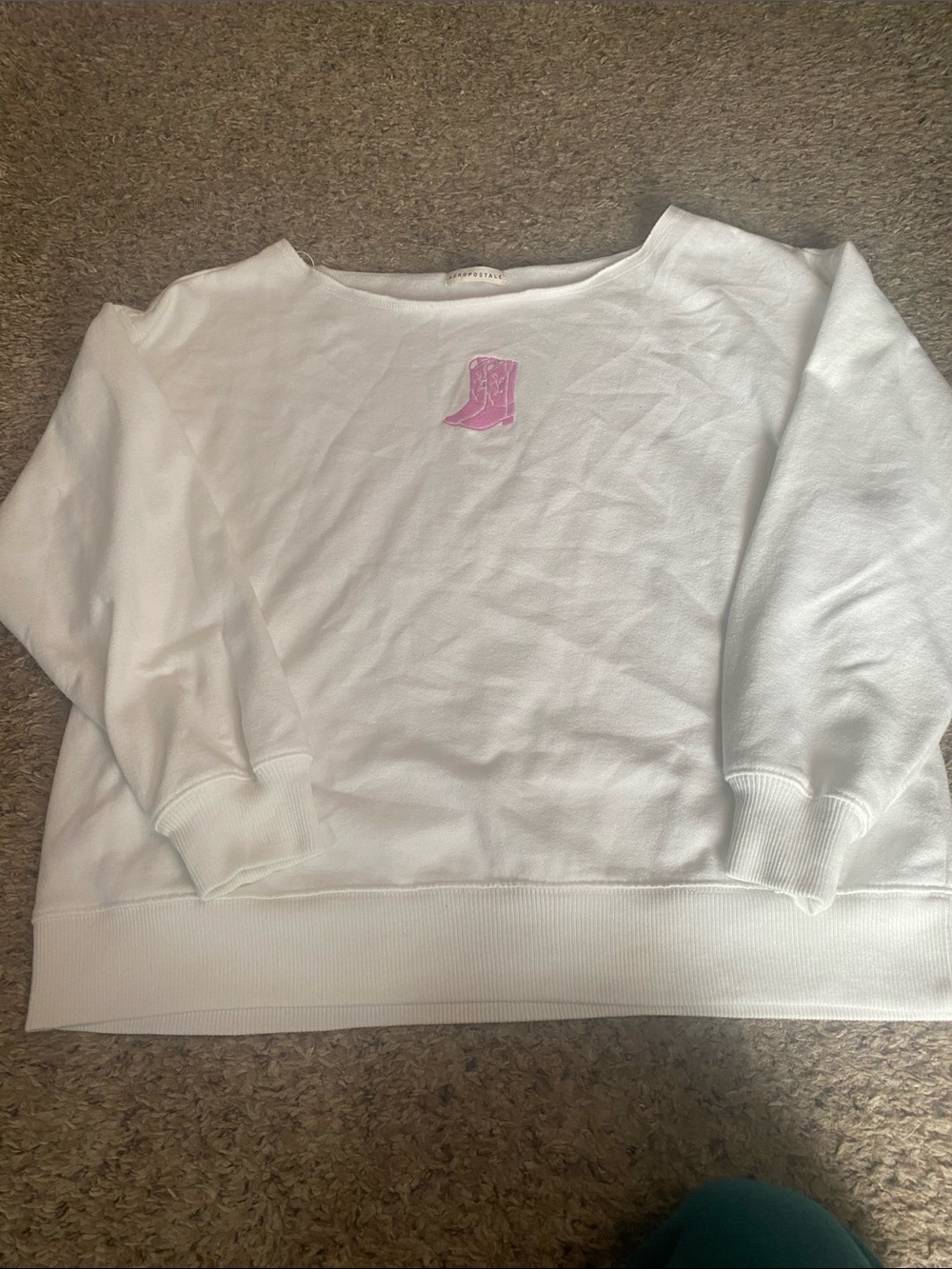 Women’s White Crewneck Sweatshirt with Pink Boot Motif off the shoulder NWOT